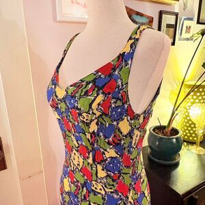 Vtg Baton Abstract Primary Color Bodycon Slip Dress